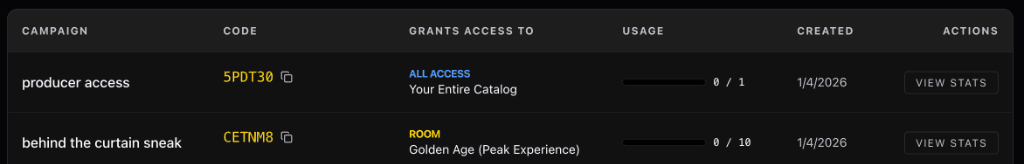 Invite management showing campaigns, codes, and usage tracking