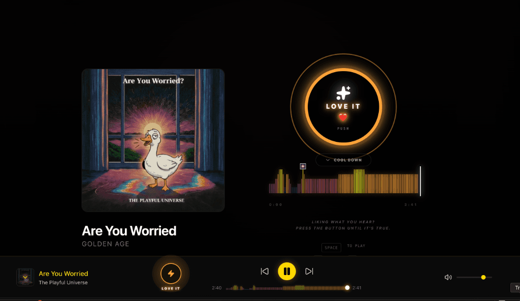 The listening interface showing cover art, reaction console, and heatmap