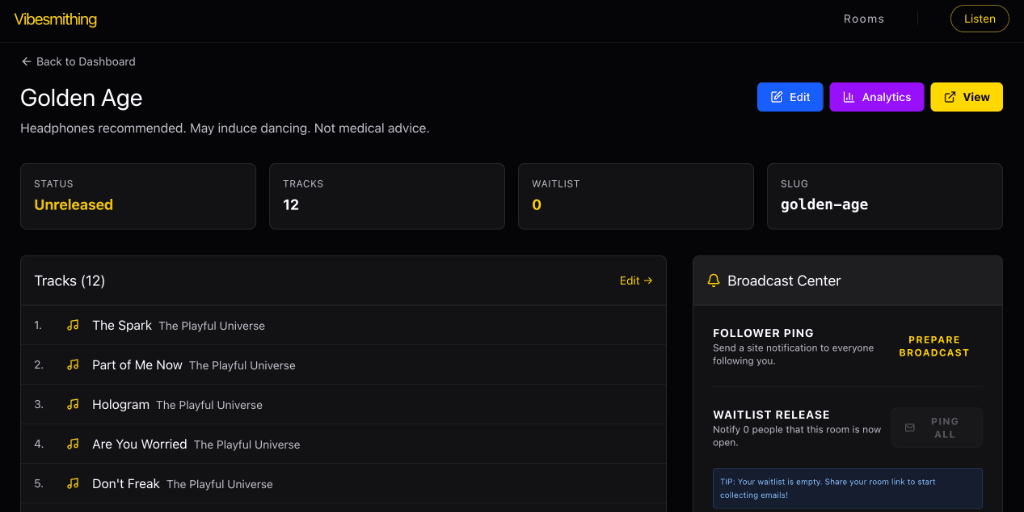 Room admin dashboard showing waitlist and broadcast center