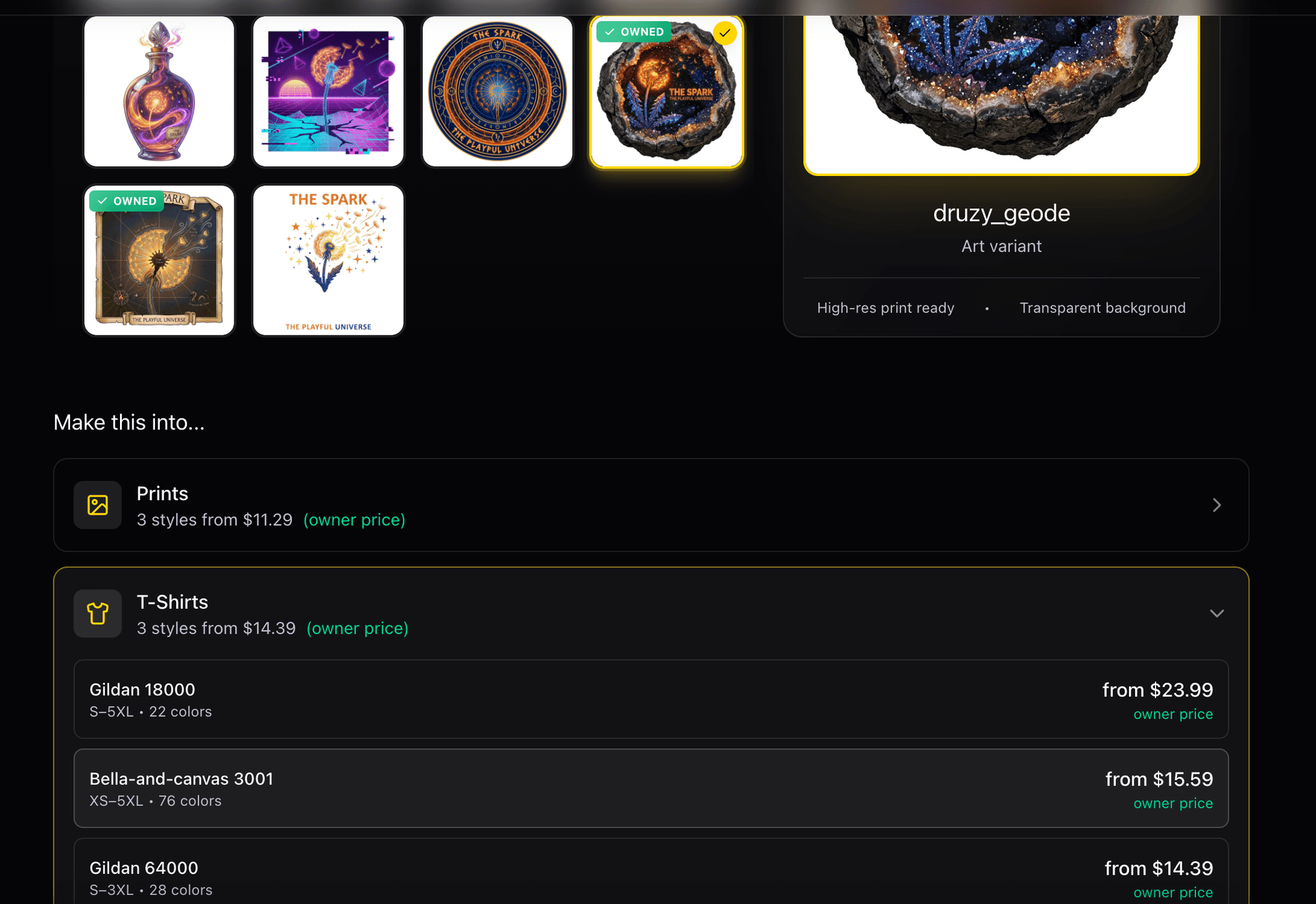 Merch product picker with prints, t-shirts, and hoodies